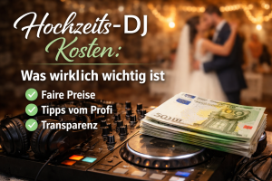 Hochzeits-DJ Kosten – DJ-Setup mit Geldschein als Symbol für Preis & Leistung